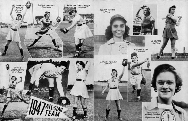 Collage of photographs of members of the All-American Girls Professional Baseball League, as seen in the Racine Belles annual yearbook of 1948. Clockwise from top left: Sophie Kurys of the Racine Belles, Dottie Harrell of the Rockford Peaches,Anna May Hutchinson of the Racine Belles, Audrey Wagner of the Kenosha Comets, Ruth Lessing of the Grand Rapids Chicks,Jo Lenard of the Muskegon Lassies,Doris Sams of the Muskegon Lassies, Mildred Earp of the Grand Rapids Chicks,Edythe Perlick of the Racine Belles,Dottie Mueller of the Peoria Redwings, Mary Reynolds of the Peoria Redwings,and Dottie Kamenshek of the Rockford Peaches. Player of the year Doris Sams (lower right corner) played for the City of Muskegon.