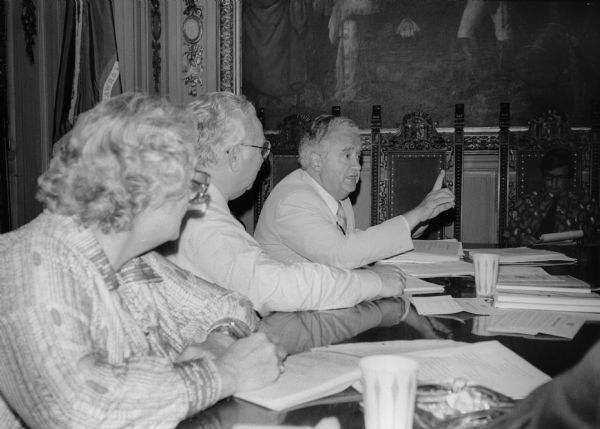 Governor Lee Sherman Dreyfus makes a point during an unidentified meeting in the Governor's Conference Room in the Wisconsin State Capitol.