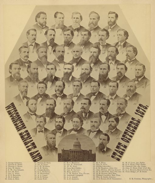 Composite photograph of the Wisconsin Senate and State Officers of 1878. At the bottom of the image is a photograph of the Wisconsin State Capitol.