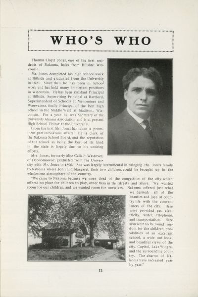 A page from the book <i>Nakoma Tomahawk</i> with a portrait and brief story about Nakoma resident Thomas Lloyd Jones. The page includes an image of the Jones house.