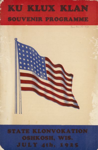 Cover design of a Ku Klux Klan (KKK) programme from a State Klonvokation featuring an American flag.