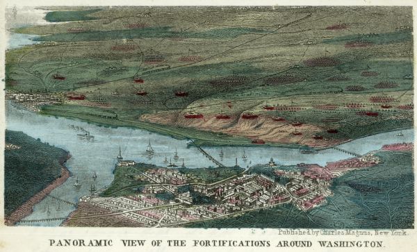 Stationery depicting the fortifications around Washington, D.C., during the second year of the Civil War: Arlington Heights, directly across the Potomac River, and the City of Arlington to the left.  The letter was written by Rudolph Fine, a member of the 6th Wisconsin Infantry.