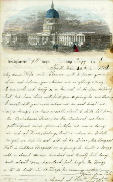 Hand-tinted stationery showing the Capitol in Washington, D.C. in 1862.  The blue tint on the dome may have been intended to represent the unfinished nature of the dome which was not completed until December, 1863. The letter was written by Rudolph Fine, a member of the 6th Wisconsin Infantry, to his wife.