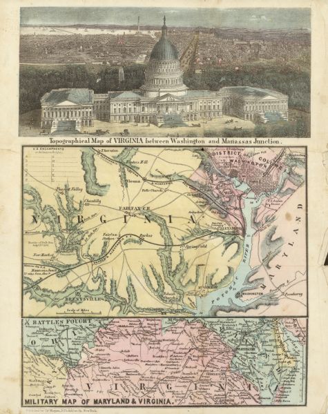 Large-format, illustrated stationery purchased by Rudolph Fine, a member of the 6th Wisconsin Infantry in August, 1861, showing the Capitol (in actuality, the dome was still under construction at the time), and maps of northern Virginia and the immediate capitol area. The latter shows the location of the battle of Bull Run which took place on July 21 which indicates the haste with which Magnus made the stationery available for sale.