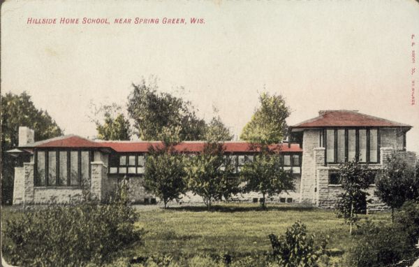 Hand-colored exterior view of Hillside Home School.