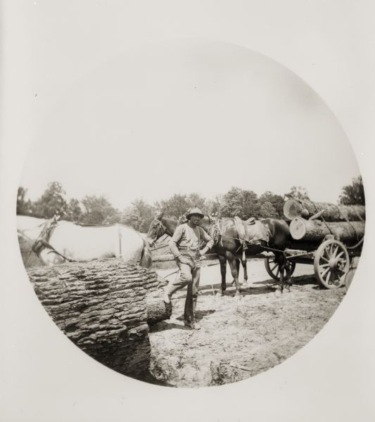 A logger poses next to a team of horses pulling a load of logs.