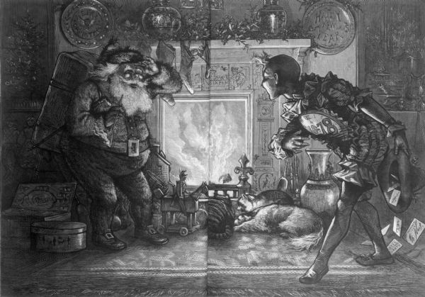 Cartoon of "Santa Claus Belated" by a fireplace delivering toys and speaking to a figure representing New Year 1878 saying: "Here we are again."