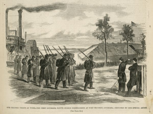 The First Regiment of the Louisiana Native Guards disembarking at Fort Macomb, Louisiana. The fort is adjacent to the Venetian Isles community, now legally within the city limits of New Orleans, Louisiana.