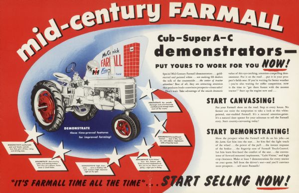 Inside spread of an advertising flyer promoting International Harvester's "Mid-Century Promotion." The flyer features a color illustration of a white Farmall demonstrator tractor and the text: "Mid-Century Farmall."