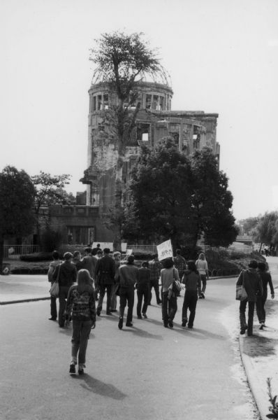 Members of Vietnam Veterans Against the War parade near the Atomic Dome in Hiroshima, Japan.