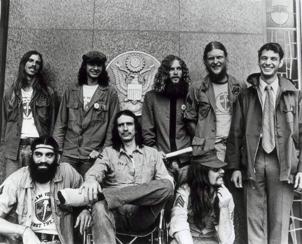 The Gainesville 8, all members of the Vietnam Veterans Against the War in Vietnam, photographed on the day of their arraignment on charges of conspiring to disrupt the 1972 Republican convention.