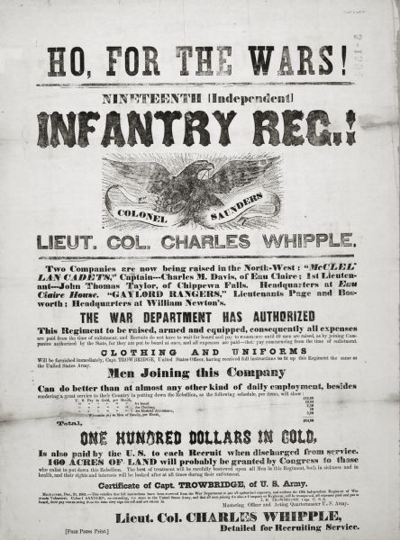 Poster designed to recruit soldiers to the 19th Volunteer Infantry during the Civil War. In addition to the text, the poster features an eagle carrying a banner.