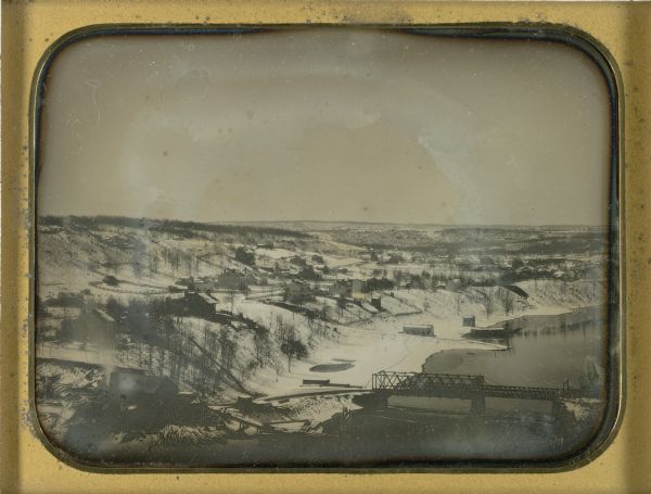 Whole plate daguerreotype of view along the east bank of the Galena River (also known as the Fevre River). From a full plate daguerreotype by Alexander Hesler, Chicago photographer.