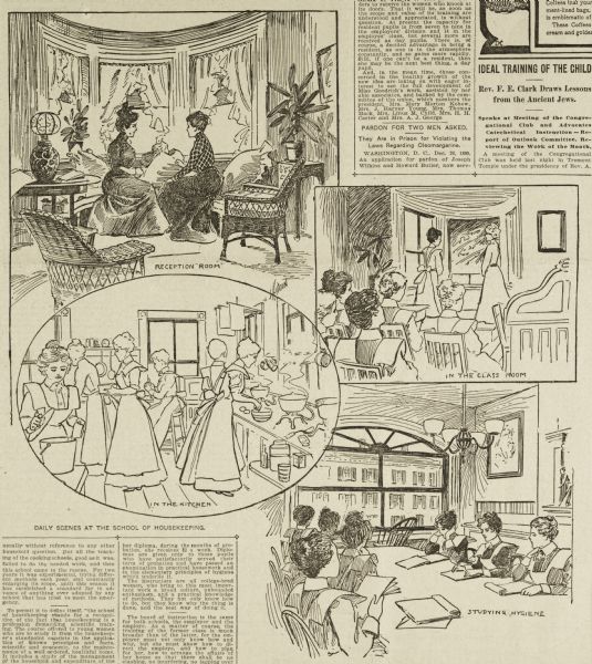 Illustrations from the <i>Boston Herald</i> of scenes at the school of housekeeping, including "in the kitchen" and "studying hygiene".