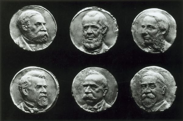 Portraits appearing on medallions commemorating the 50th anniversary of the Wisconsin Academy of Science, Arts, and Letters. From left to right on top are Roland Irving, Philo R. Hoy, and Willian F. Allen. From left to right on the bottom are Increase Lapham, George W. Peckham, and Thomas C. Chamberlain.
