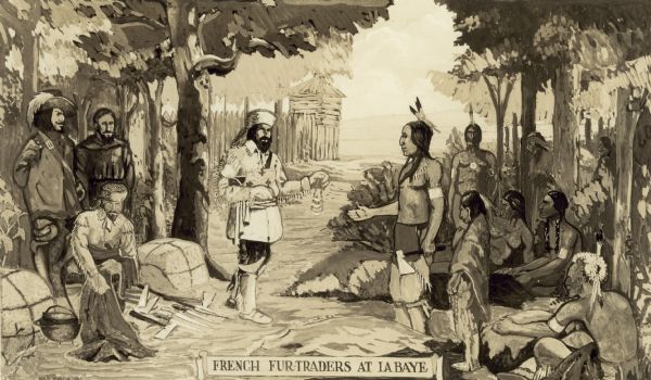 Several French fur traders negotiating with native Indians at La Baye.