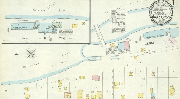 A detail of a Sanborn map of Grafton which includes the Milwaukee River.