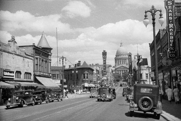 View of the 200 and 300 blocks of State Street looking toward the Wisconsin State Capitol.