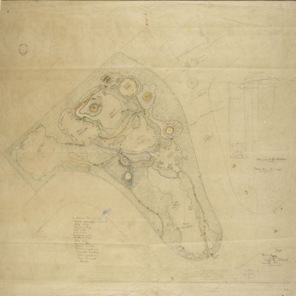 Planting plan for  Glenwood  Children's Park, designed by Jens Jensen. Graphite pencil and colored pencil on tissue (overlays pencil plan) Original drawing 35 x 34 inches.