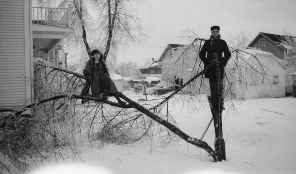 Harman Warner and Ethel Walker pose in the branches of a broken tree in winter. They are in the backyard, and houses are behind them.