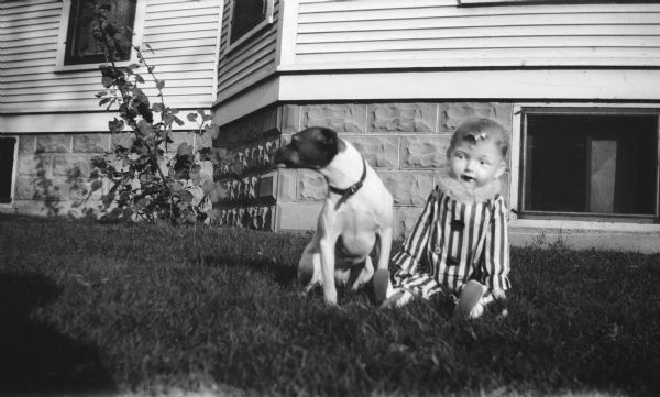 Max, the Brandel family's pet dog, sits in the yard near the house next to a doll.