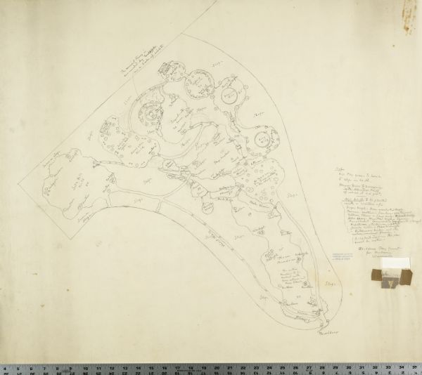 Graphite pencil and colored pencil drawing on drafting vellum of design for Glenwood Children's Park designed by Jens Jensen. Original drawing 33 x 29 inches.