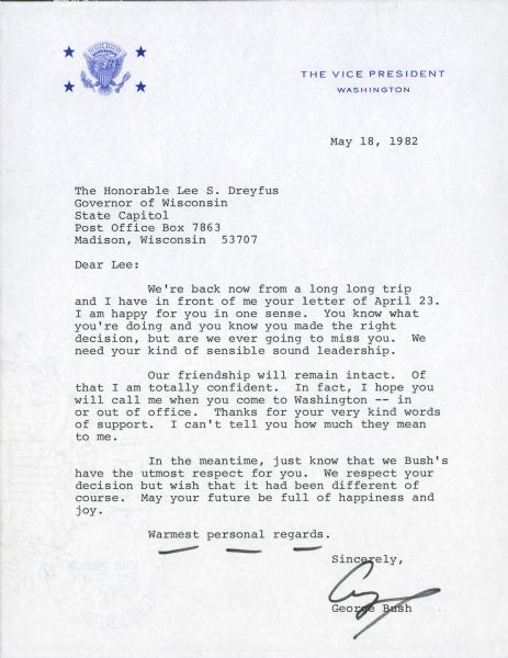 A friendly letter from Vice President George Herbert Walker Bush to Lee Sherman Dreyfus.