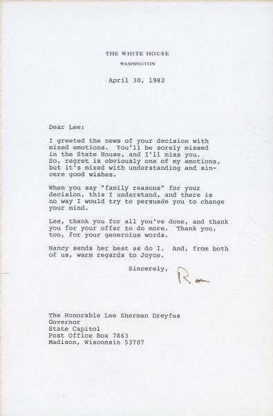 A friendly letter from President Ronald Reagan to Governor Lee Sherman Dreyfus.
