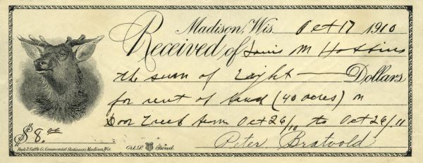 Receipt for the sum of $8 paid by Louis M. Hobbins to Peter Bratvold for the right to hunt on 40 acres of land in Door Creek from Oct 26, 1910 through October 26, 1911. The receipt features an engraving of an elk's head.