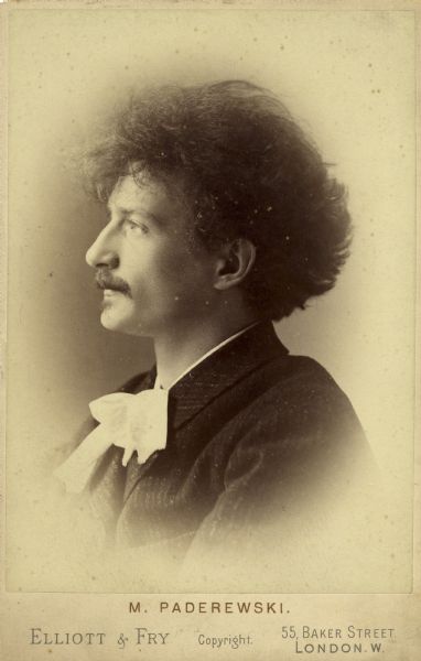 Profile portrait of pianist and Polish Prime Minister, Ignacy Jan Paderewski.