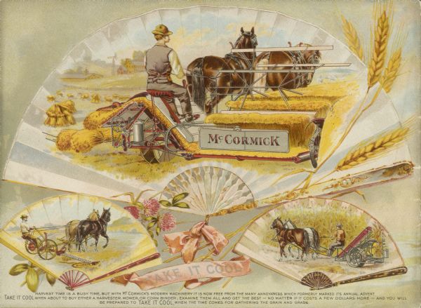Back cover of a McCormick Harvesting Machine Company catalog with a color illustration of a horse-drawn grain binder, a mower, and a corn binder on the open folds of a decorative fan. Includes the text: "Take It Cool."