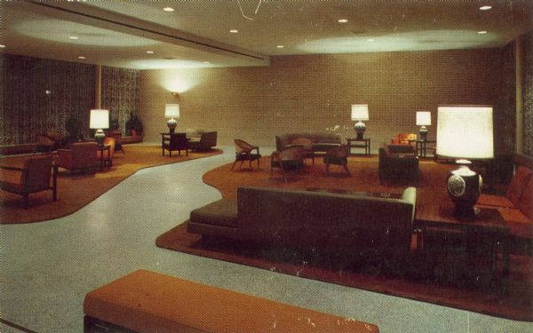 Interior view of the green and gold room, which was the main lounge at the Wisconsin Center for adult education at 702 Langdon Street.
