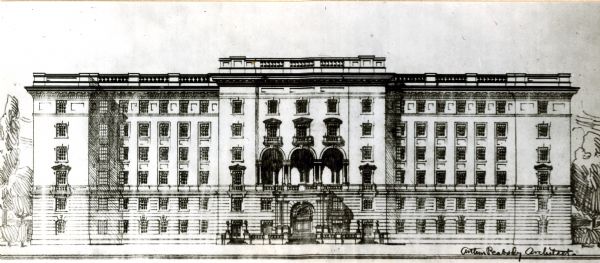 An architectural rendering of the Wisconsin General Hospital.