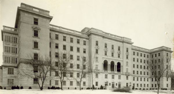 Winter view of the exterior of the Wisconsin General Hospital.