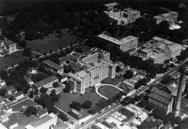 Aerial view of the Wisconsin General Hospital and the University Medical School.