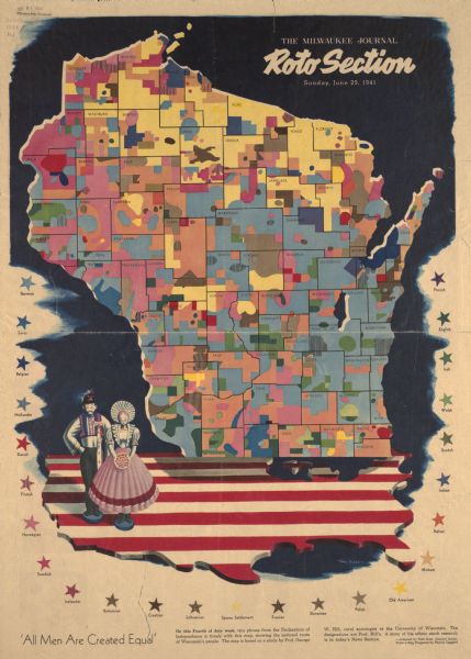 A map showing the national roots of the people of Wisconsin, based on the ethnic stock research by University of Wisconsin-Madison sociologist Prof. George W. Hill.