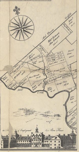 A detail of Philadelphia, including Mills Creek, Alms House and land ownership designations.