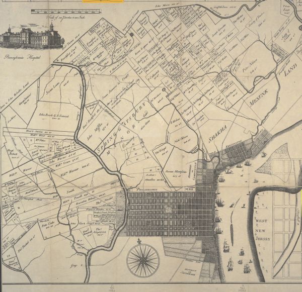 Detail of Philadelphia including an illustration of the Pennsylvania Hospital and the Schuykill River.