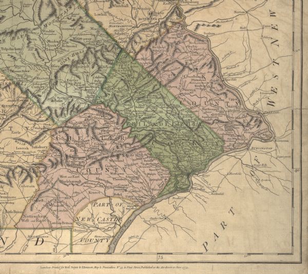Detail of Pennsylvania map showing Chester, Philadelphia, and Bucks counties.