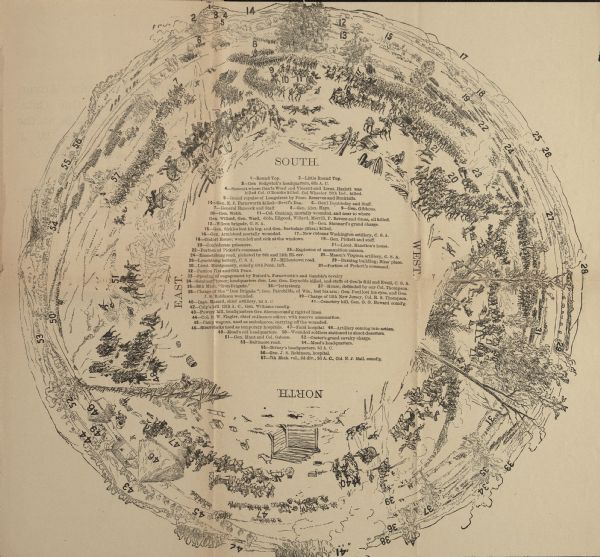 A map of the second version of the Gettysburg cyclorama created by French artist Paul Philippoteaux, as taken from the souvenir booklet which sold for five cents when the panorama was "permanently located in Boston, Mass." The cyclorama took over a year and a half to paint, was nearly 100 yards long and weighed six tons. The exhibition opened in Boston on 22 December 1884, and over 200,000 people viewed the painting during the next seven years. In 1891 the Gettysburg cyclorama was exchanged for a year with the Crucifixion of Christ panorama in Philadelphia. It was later on display at the Gettysburg National Military Park. In November 2005 it was removed for restoration, and the exhibit reopened September 26, 2008 at the new Gettysburg National Park Museum and Visitor Center.<br>Set between Berkeley and Clarendon Streets "on the Moody and Sankey Tabernacle Site" (now part of the Boston Center for the Arts).<p> The first Gettysburg cyclorama created by Philippoteaux was exhibited in Chicago beginning on October 22, 1883. A third version was exhibited in Philadelphia beginning in February 1886, and a fourth version in Brooklyn, New York, opened in October 1886.</p>