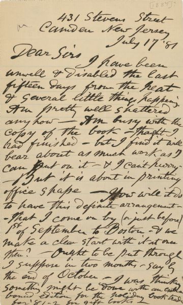 First page of a letter written by Walt Whitman regarding the publication of a book he was writing.