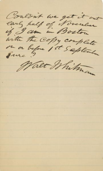 The second page of a letter written by Walt Whitman regarding publishing a book he was writing.