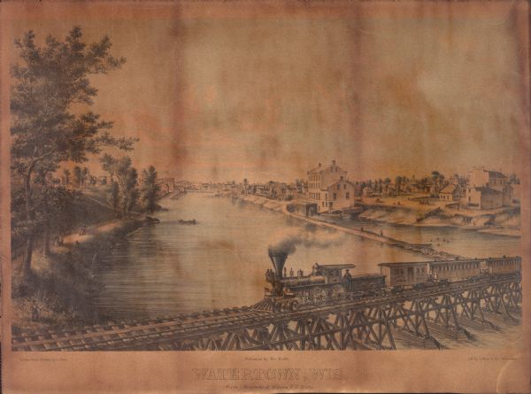 View of the Rock River with a train on a railroad bridge in the foreground, and the town in the distance. Pedestrians are walking along a path on the left shoreline, and people are in a boat in the river. On the right shoreline is a mill, and industrial buildings. Caption at bottom reads: "Published by Wm. Wolff. Watertown, Wis. from Milwaukee & Western R. R. Bridge."