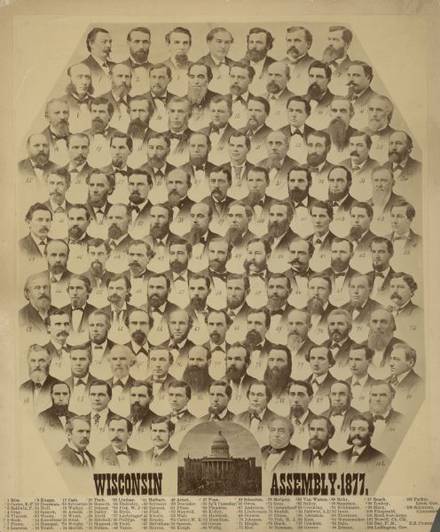 Composite photograph of the members of the Wisconsin Assembly of 1877. Includes an image of the Wisconsin State Capitol building.