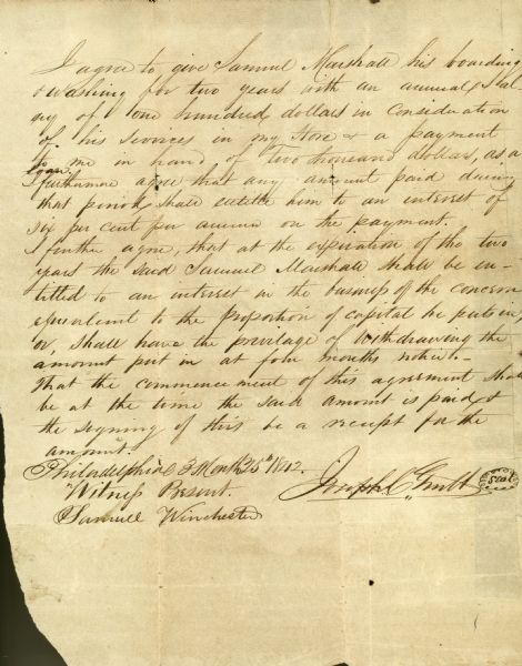 A contract, written by Joseph Grubb regarding work and boarding for Samuel Marshall, which is signed by Grubb.