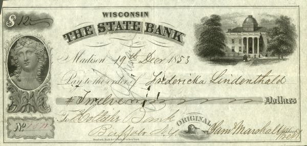 A Wisconsin State bank check in the amount of $12.00 written to Fredericka Lindenthald from Samuel Marshall.