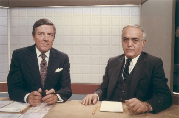 Robert Novak (right) and Richard Lesher of the U.S. Chamber of Commerce on the set of the chamber's news program, <i>It's Your Business</i>.