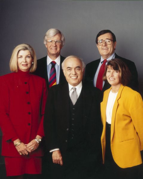 Panelists for CNN's "Capital Gang" after Pat Buchanan left to campaign for the presidency included three male regulars (left to right: Al Hunt, Bob Novak, and Mark Shields) and newscomers Kate O'Beirne (left) and Margaret Carlson.