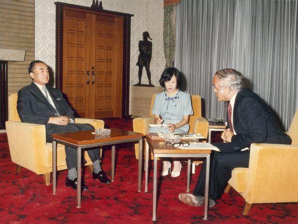 Journalist Robert Novak with Japanese Prime Minister Yasuhiro Nakasone in Tokyo, Japan.