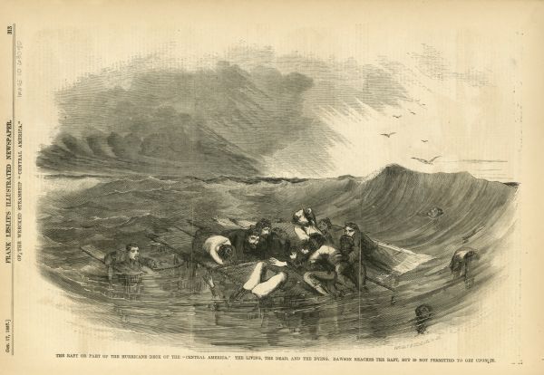George W. Dawson, an African-American passenger from the steamer <i>Central America</i> swims to a piece of debris to which several men are clinging after the sinking of the ship. Others dying or dead float in the water nearby and seagulls fly overhead.
